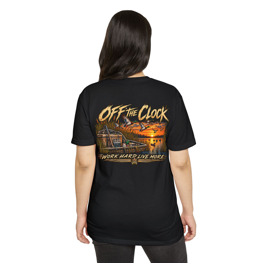 Off The Clock T-Shirt — 'Work Hard Live More' Duck Marsh Sunset Tee