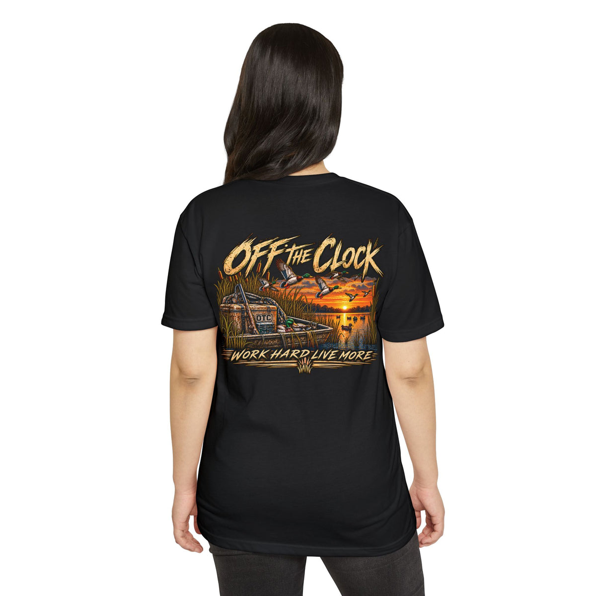 Off The Clock T-Shirt — 'Work Hard Live More' Duck Marsh Sunset Tee