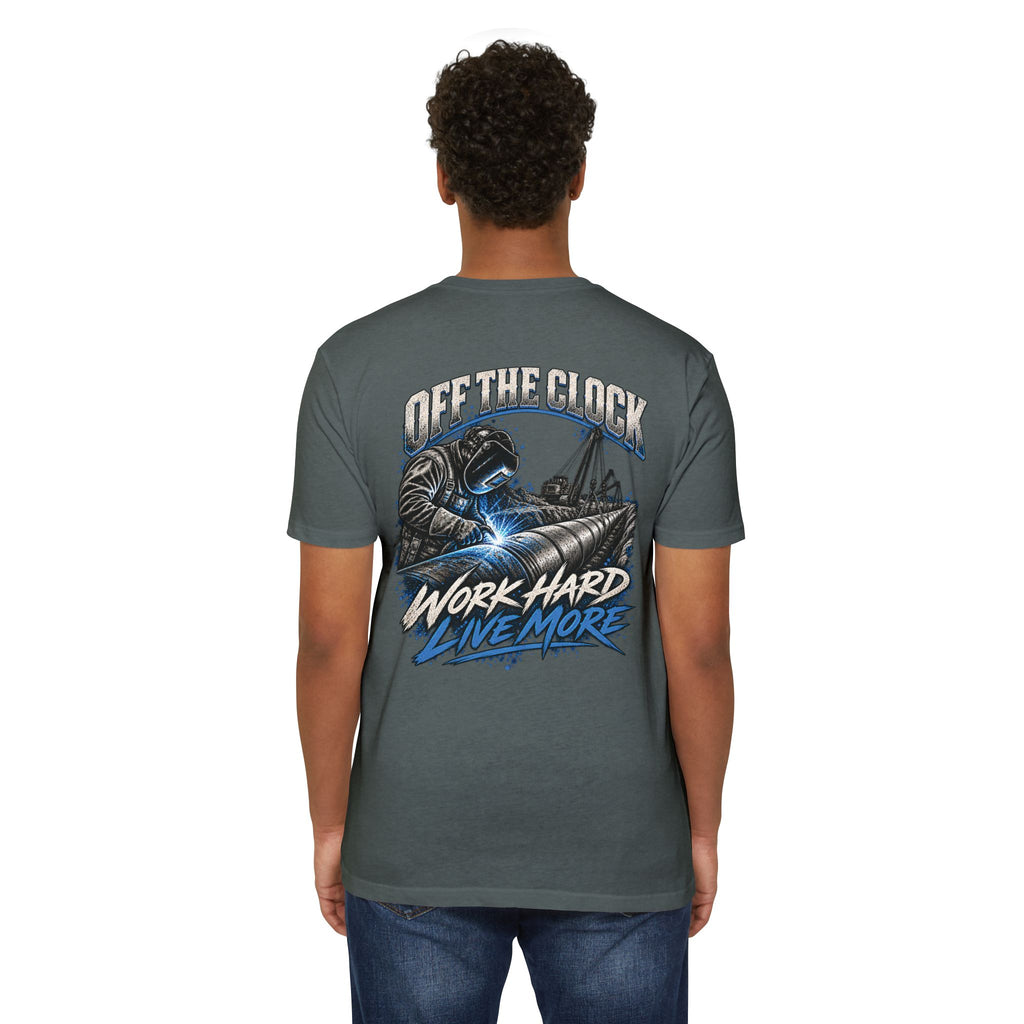 Off The Clock Welding T-Shirt — "Work Hard Live More" Graphic Tee