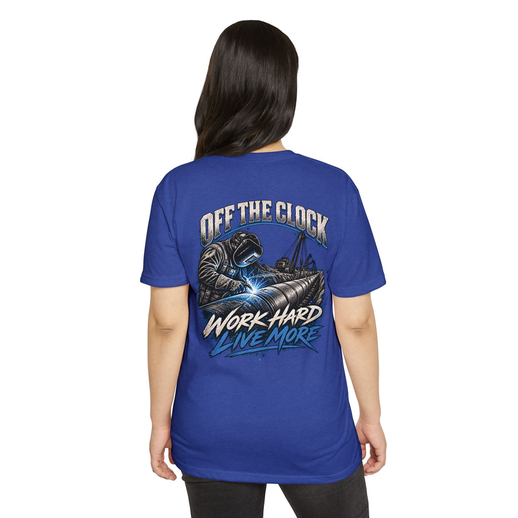 Off The Clock Welding T-Shirt — "Work Hard Live More" Graphic Tee