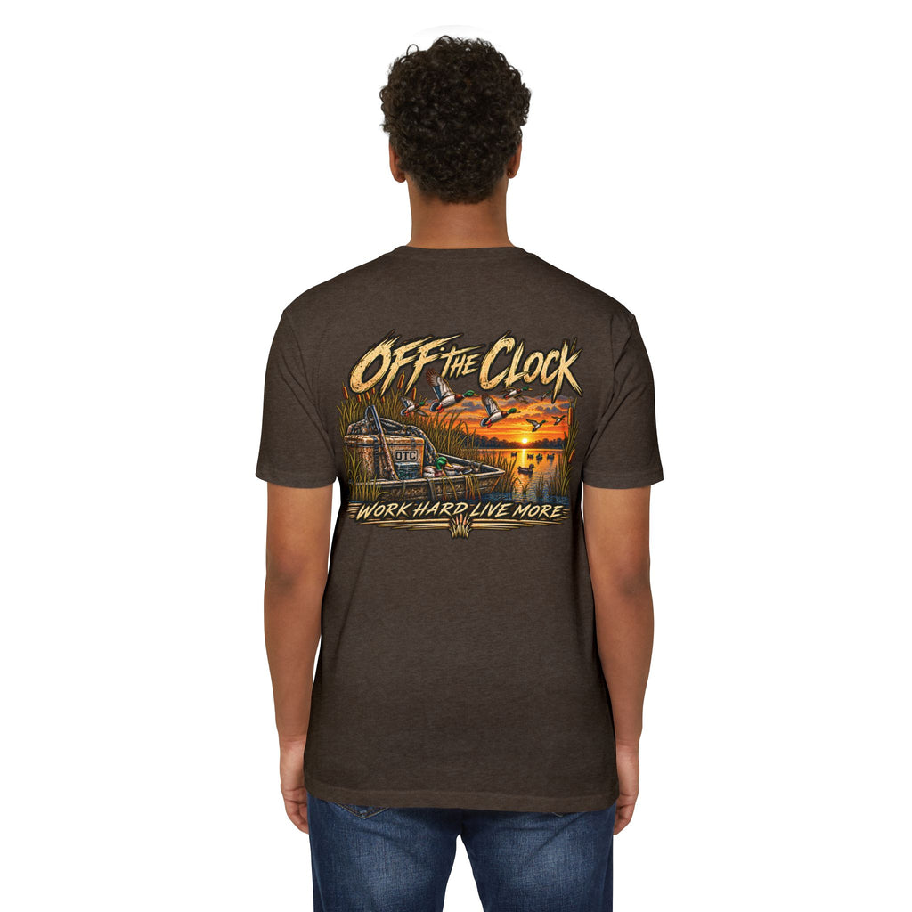 Off The Clock T-Shirt — 'Work Hard Live More' Duck Marsh Sunset Tee