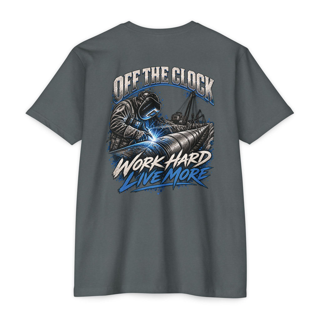 Off The Clock Welding T-Shirt — "Work Hard Live More" Graphic Tee