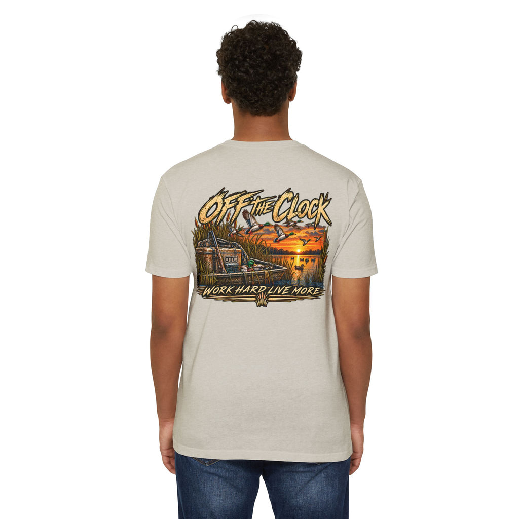 Off The Clock T-Shirt — 'Work Hard Live More' Duck Marsh Sunset Tee
