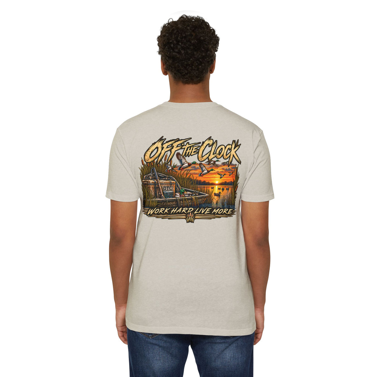 Off The Clock T-Shirt — 'Work Hard Live More' Duck Marsh Sunset Tee