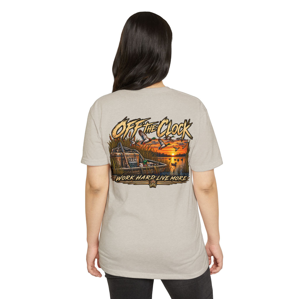 Off The Clock T-Shirt — 'Work Hard Live More' Duck Marsh Sunset Tee
