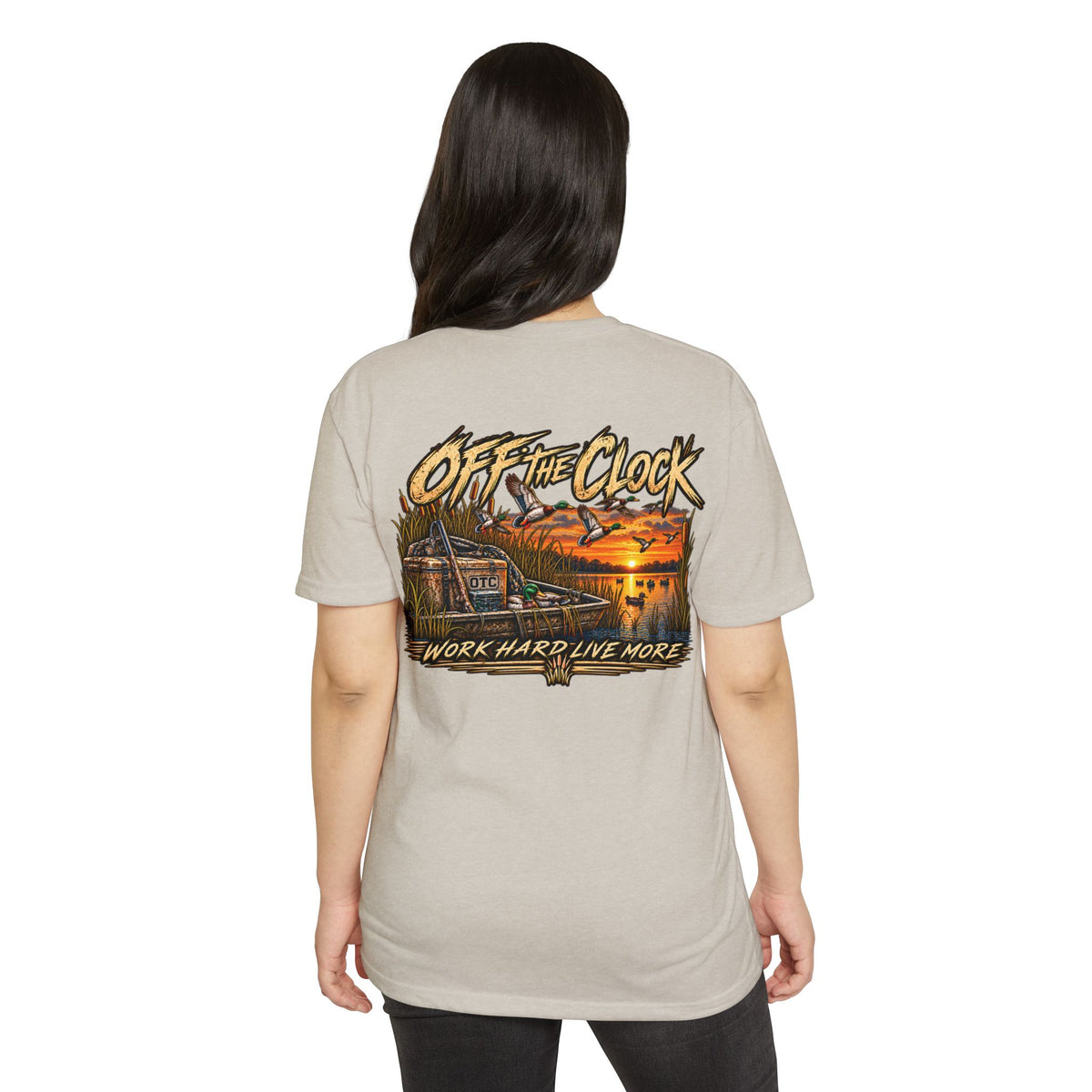 Off The Clock T-Shirt — 'Work Hard Live More' Duck Marsh Sunset Tee