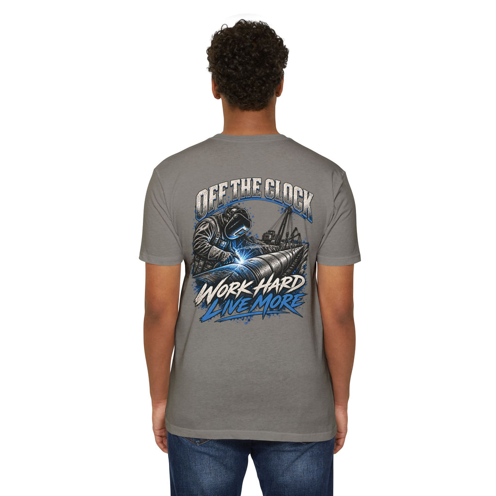 Off The Clock Welding T-Shirt — "Work Hard Live More" Graphic Tee