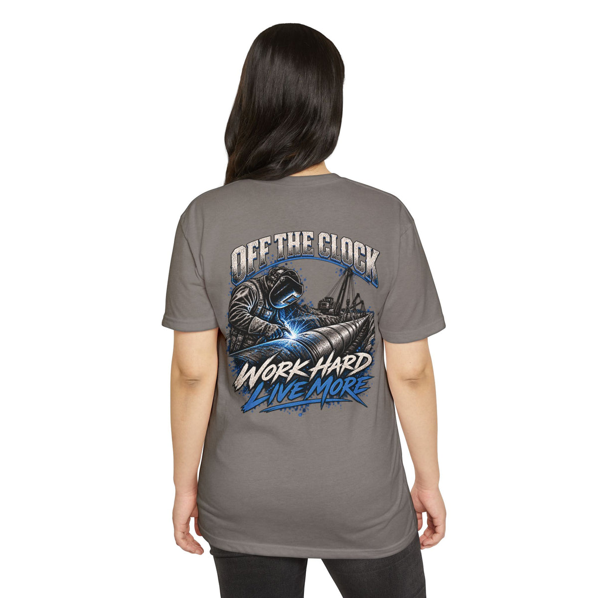 Off The Clock Welding T-Shirt — "Work Hard Live More" Graphic Tee