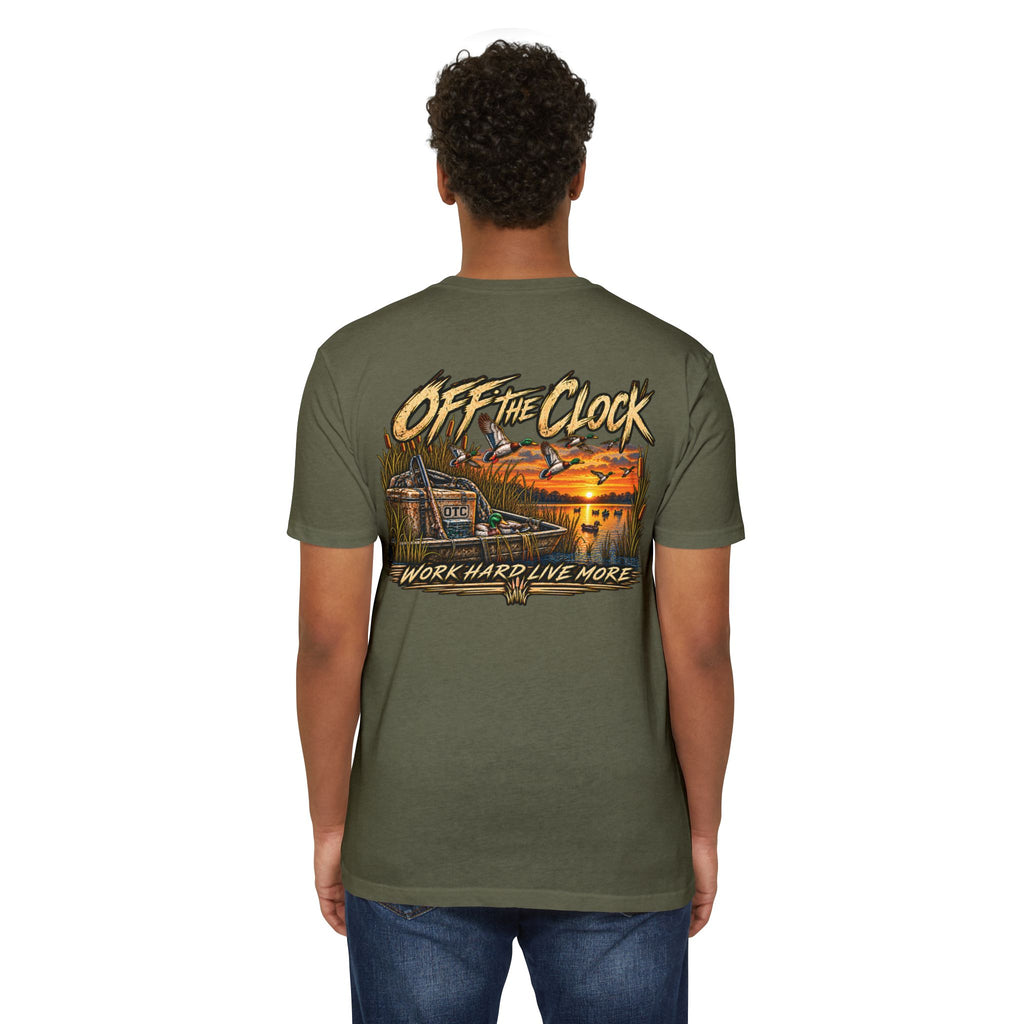 Off The Clock T-Shirt — 'Work Hard Live More' Duck Marsh Sunset Tee