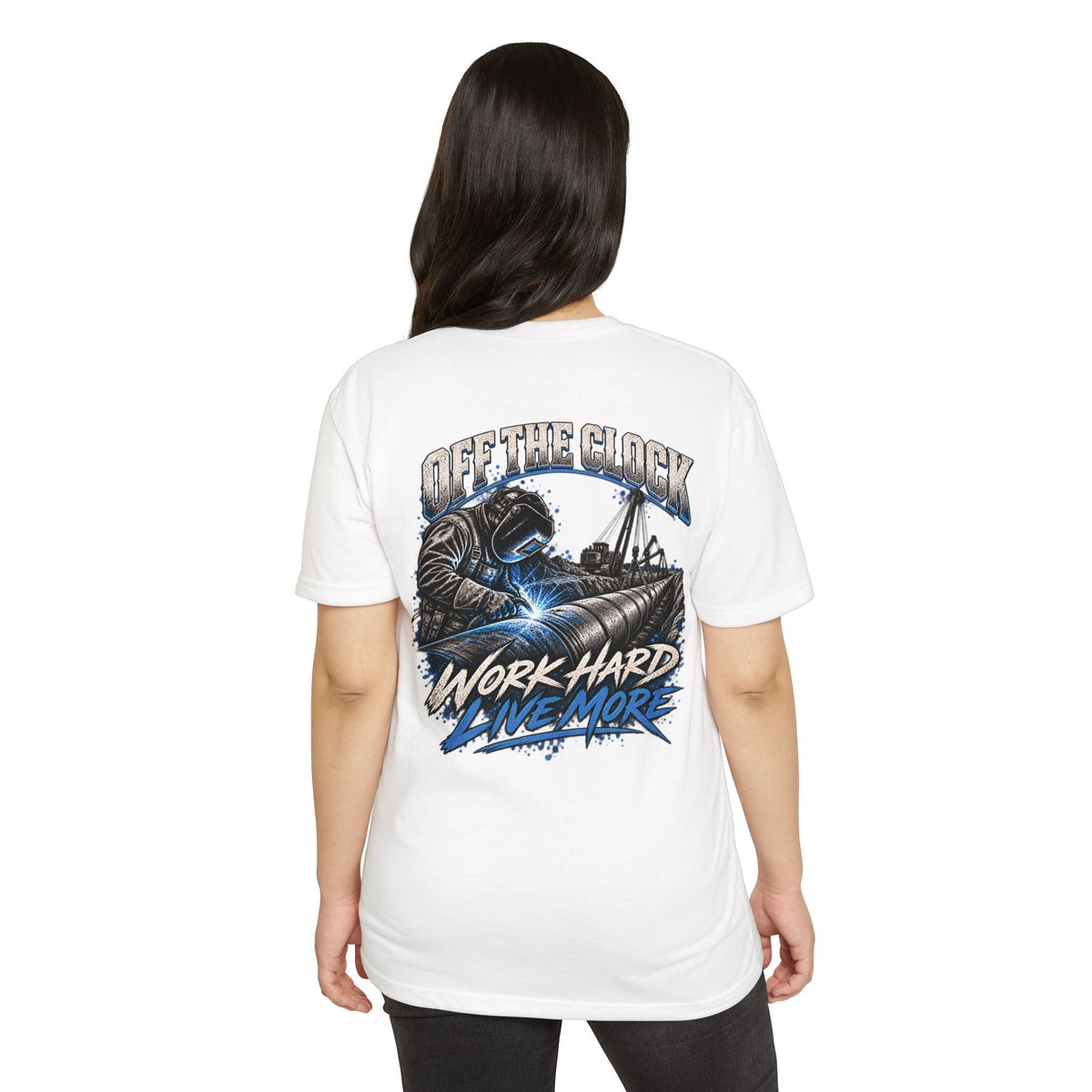 Off The Clock Welding T-Shirt — "Work Hard Live More" Graphic Tee