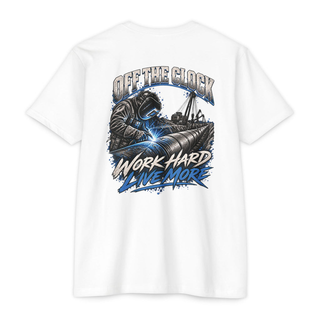 Off The Clock Welding T-Shirt — "Work Hard Live More" Graphic Tee