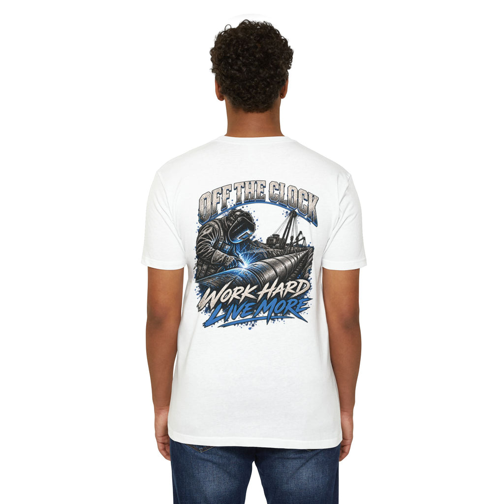 Off The Clock Welding T-Shirt — "Work Hard Live More" Graphic Tee