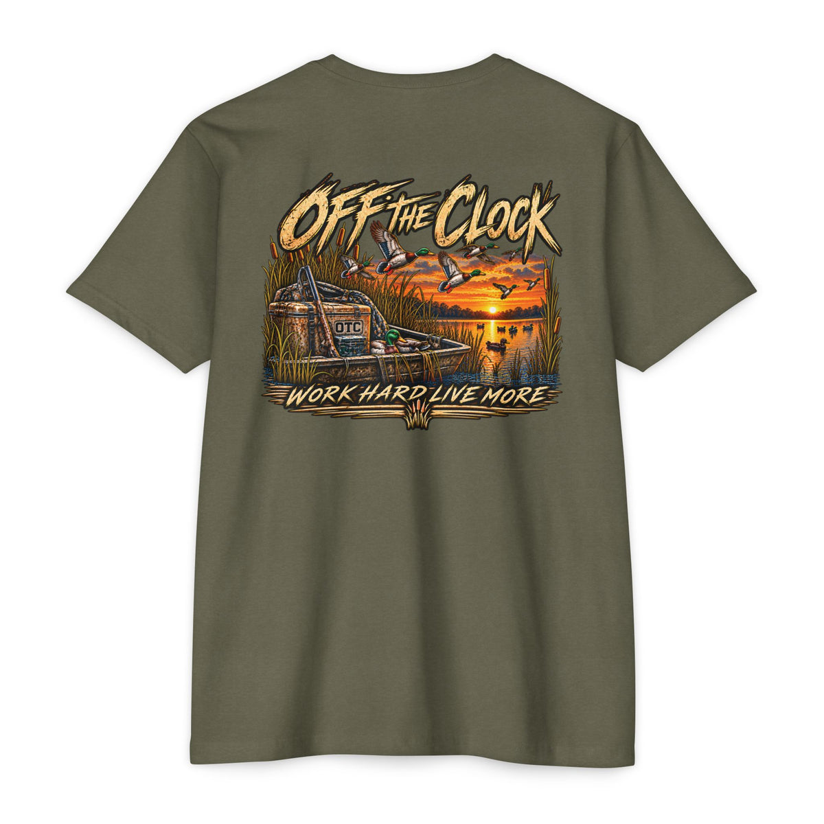 Off The Clock T-Shirt — 'Work Hard Live More' Duck Marsh Sunset Tee