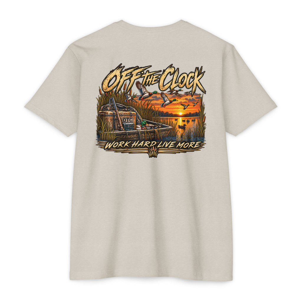 Off The Clock T-Shirt — 'Work Hard Live More' Duck Marsh Sunset Tee