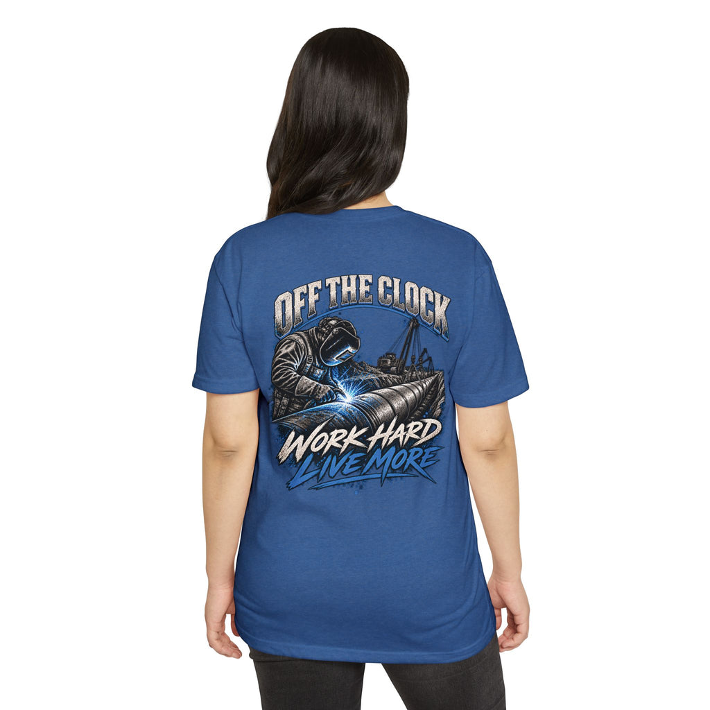 Off The Clock Welding T-Shirt — "Work Hard Live More" Graphic Tee