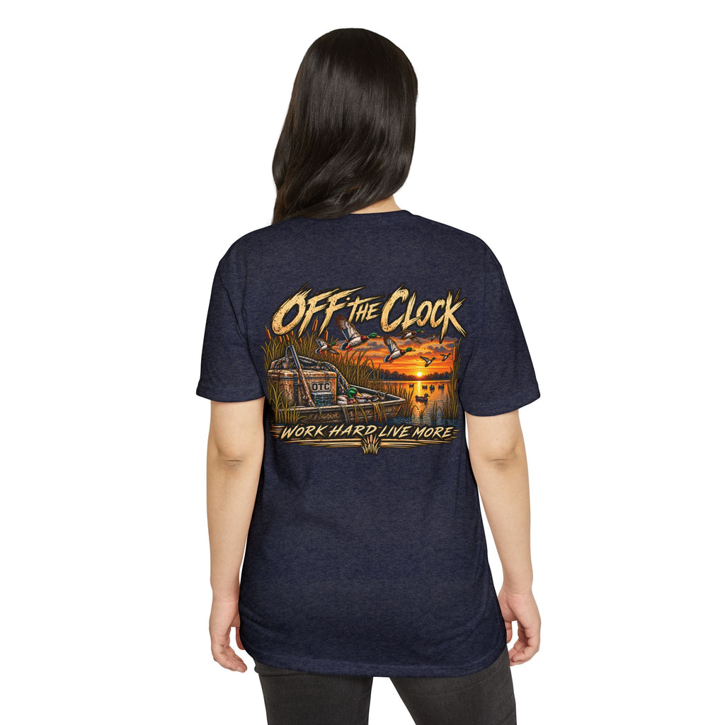 Off The Clock T-Shirt — 'Work Hard Live More' Duck Marsh Sunset Tee