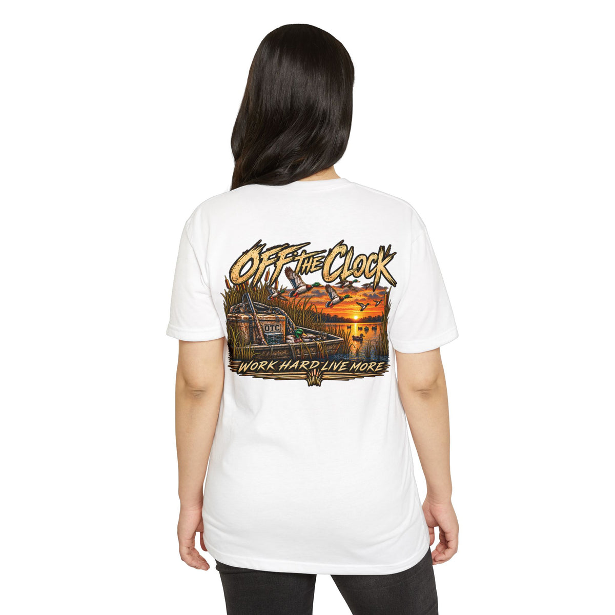 Off The Clock T-Shirt — 'Work Hard Live More' Duck Marsh Sunset Tee
