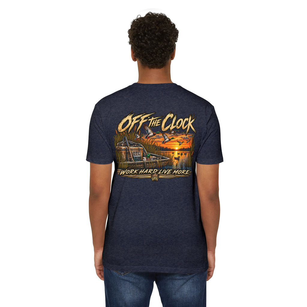 Off The Clock T-Shirt — 'Work Hard Live More' Duck Marsh Sunset Tee