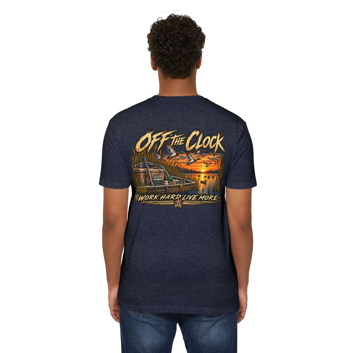 Off The Clock T-Shirt — 'Work Hard Live More' Duck Marsh Sunset Tee