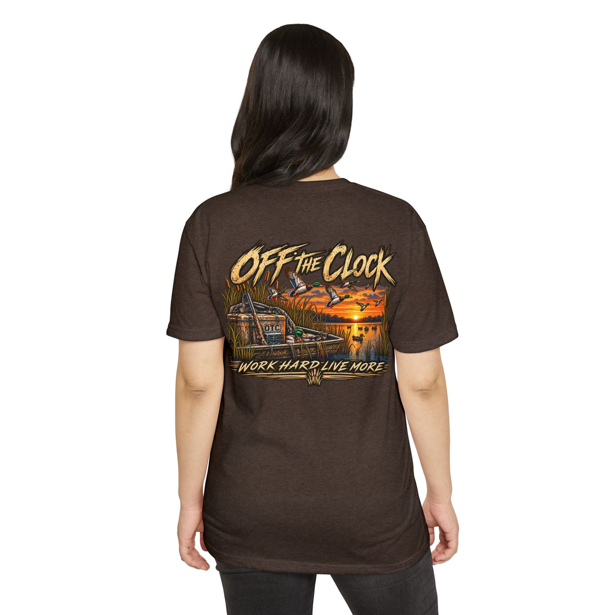 Off The Clock T-Shirt — 'Work Hard Live More' Duck Marsh Sunset Tee