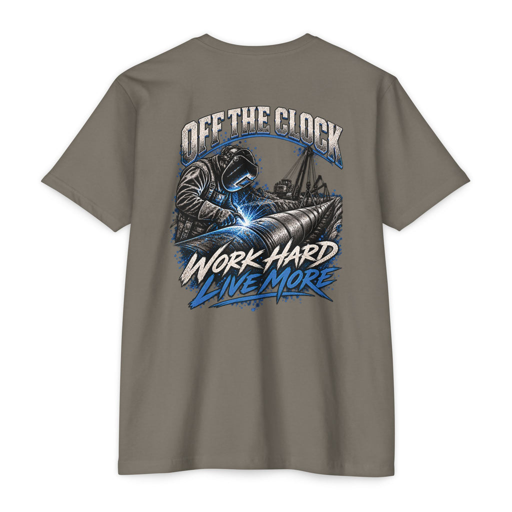 Off The Clock Welding T-Shirt — "Work Hard Live More" Graphic Tee