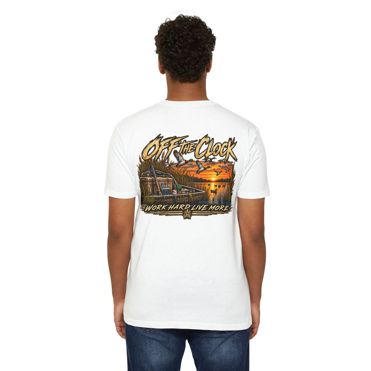 Off The Clock T-Shirt — 'Work Hard Live More' Duck Marsh Sunset Tee