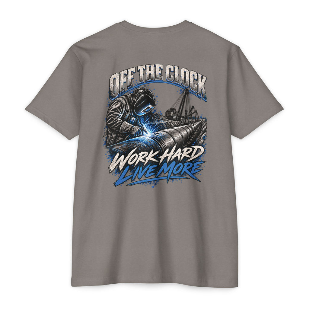 Off The Clock Welding T-Shirt — "Work Hard Live More" Graphic Tee
